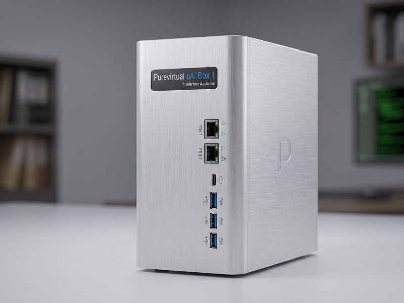 Die Purevirtual cAI Box 1 — ein silbernes Tischgerät mit zwei Netzwerkbuchsen, USB-C und drei USB-A-Anschlüssen an der Front